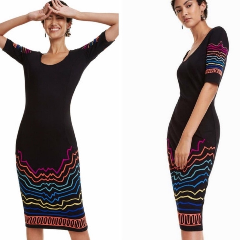 Desigual Color Pop Bodycon Stretch Midi Dress Y2K Scribble Art Print EU S US XS
